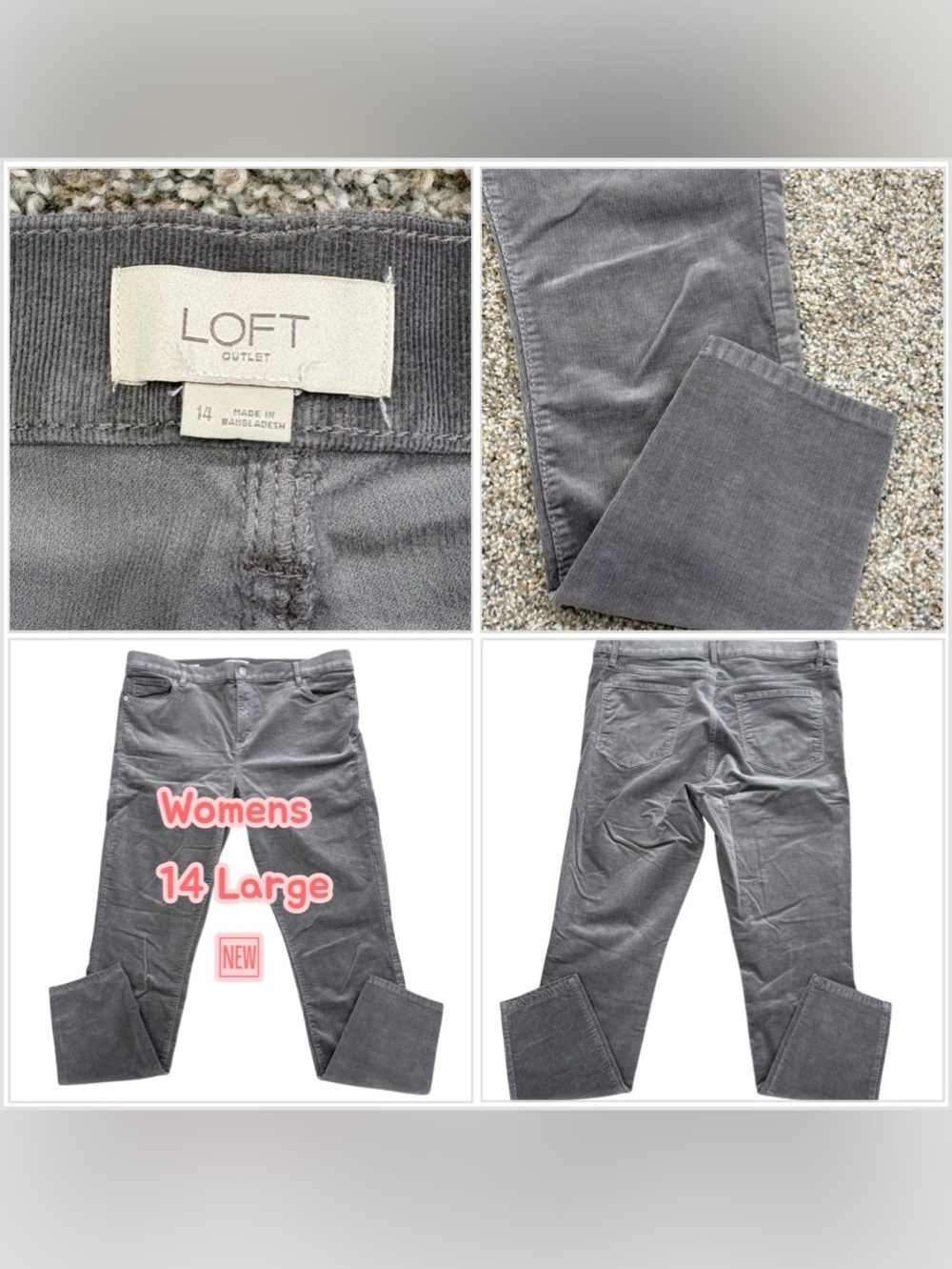 Women’s LOFT 14 Large Pants Plush Velvet Cords Corduroy Gray Stretch Skinny